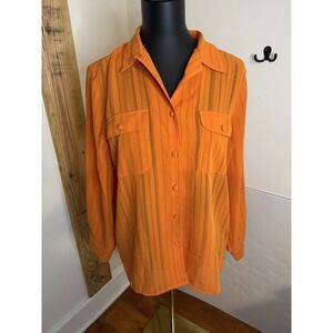 Liz Baker Petite Orange Sheer Striped Button Up Long Sleeve Women's Size 10P